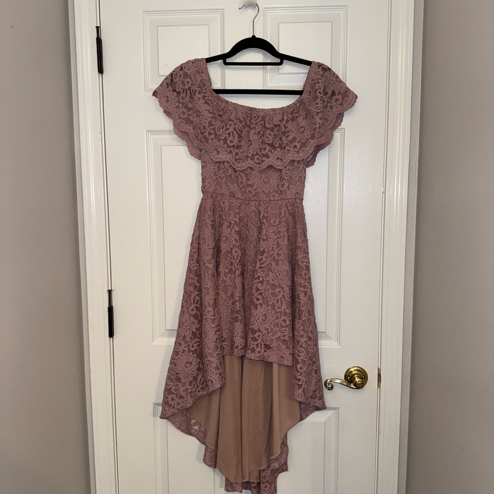 Windsor Pink High-Low Off the Shoulder Dress with Flutter Sleeves
